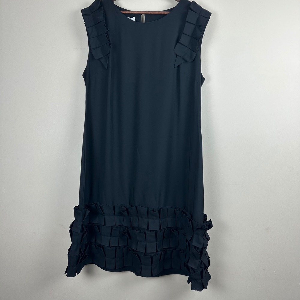 Bianco Family Women's Size 46 Black Pleated Ruffle Shift Dress NWT